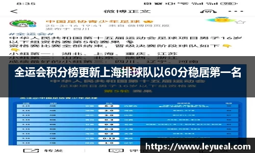 全运会积分榜更新上海排球队以60分稳居第一名